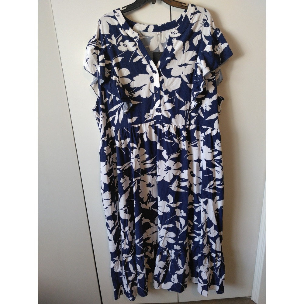 Women Floral  Maxi Dress  Plus Size 5x Navy Flowy Pockets Boho Elegant